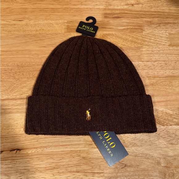 NEW Polo Ralph Lauren Brown w/ Embroidered Pony Knit Wool/Nylon Beanie Hat Cap - Picture 4 of 4